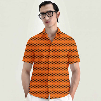 Mandarin Orange Black Polka Dot Print Fabric for men's shirting, design 20454, Clothwala