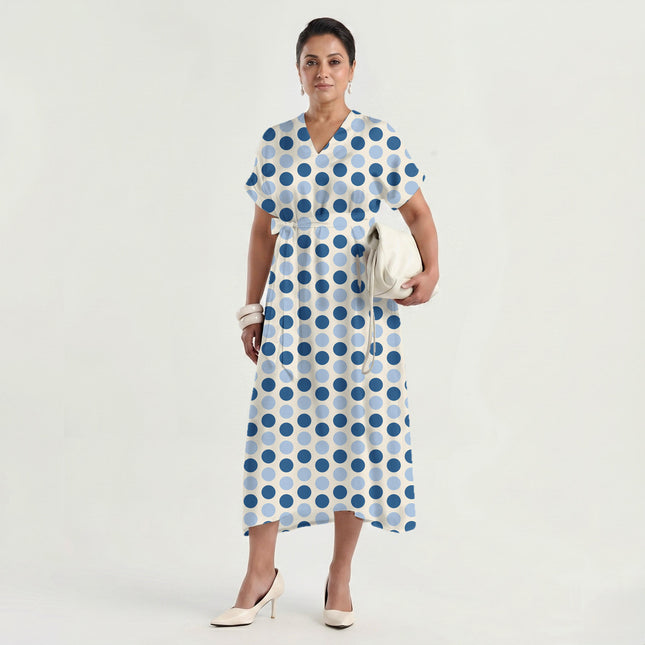 Marina Blue & Blue Aura Polka Dot Print Fabric made up as a dress, design 20482, Clothwala