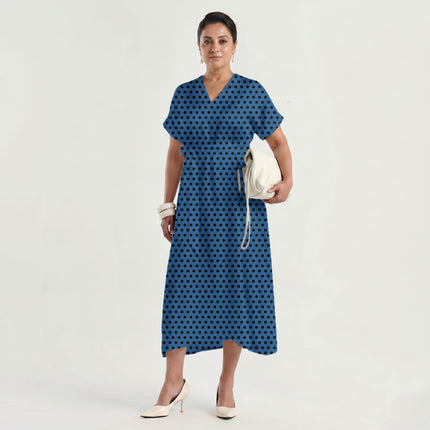 Marina Blue Black Polka Dot Print Fabric made up as a dress, design 20468, Clothwala
