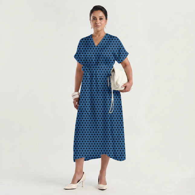 Marina Blue Black Polka Dot Print Fabric made up as a dress, design 20468, Clothwala