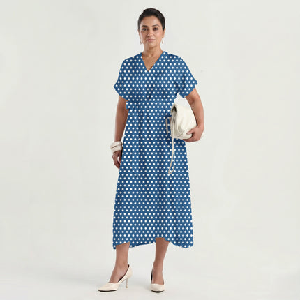 Marine Blue polka dot fabric for dresses — draped on the roll