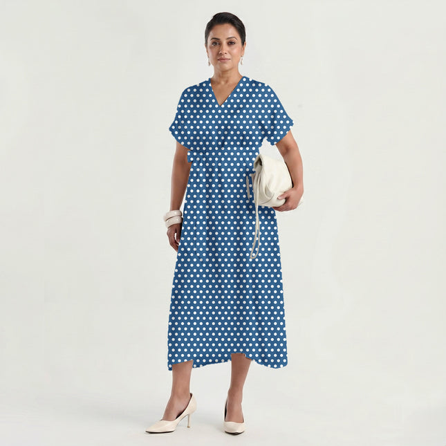 Marine Blue polka dot fabric for dresses — draped on the roll