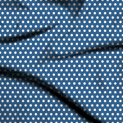 Marine Blue polka dot digital print fabric — small white dots, close-up texture