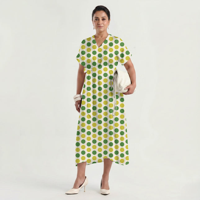 Meadowland Green & Acacia Yellow Polka Dot Print Fabric made up as a dress, design 20479, Clothwala