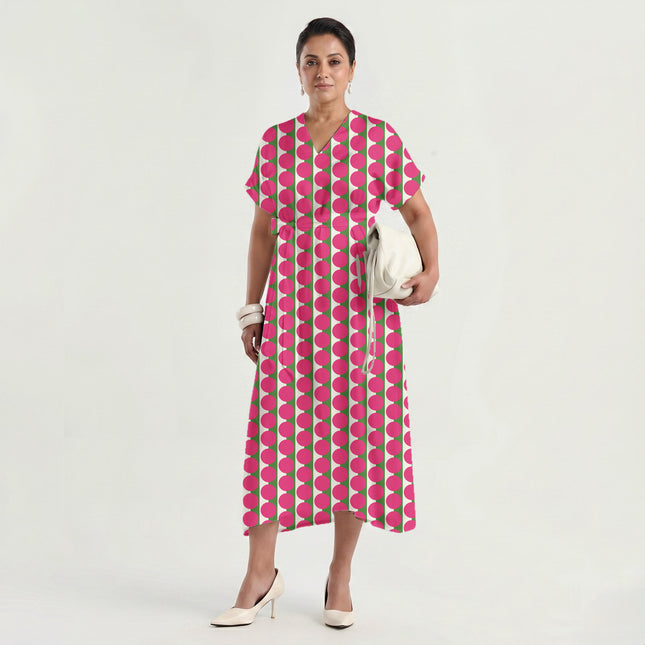 Meadowland Green & Pink Dot Stripe Print Fabric made up as a dress, design 20514, Clothwala