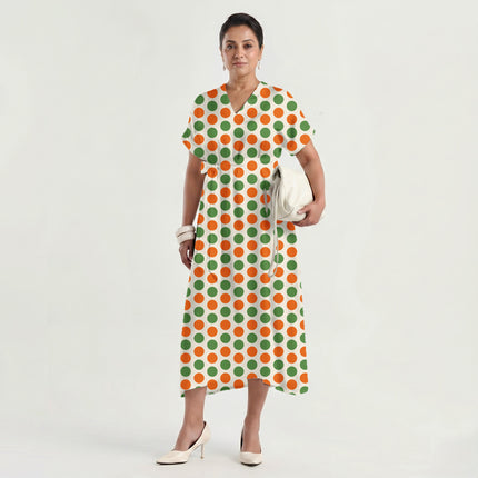 Meadowland Green & Mandarin Orange Polka Dot Print Fabric made up as a dress, design 20495, Clothwala