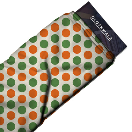 Meadowland Green & Mandarin Orange Polka Dot Print Fabric — 2026 polka dot trend fabric, design 20495, Clothwala