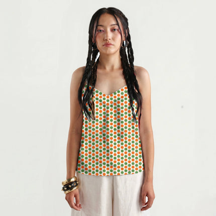 Meadowland Green & Mandarin Orange Polka Dot Print Fabric for women's dresses, design 20495, Clothwala