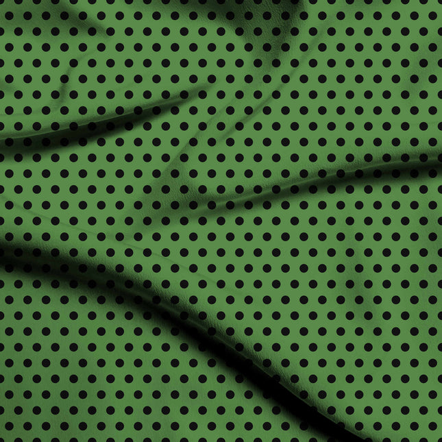 Meadowland Green Black Polka Dot Print Fabric — flat fabric view, design 20471, Clothwala