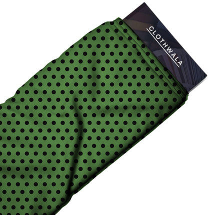 Meadowland Green Black Polka Dot Print Fabric — 2026 polka dot trend fabric, design 20471, Clothwala
