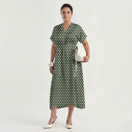 Moss Shadow Polka Dot Print Fabric made up as a dress, design 20442, Clothwala