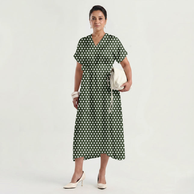Moss Shadow Polka Dot Print Fabric made up as a dress, design 20442, Clothwala