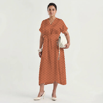Muskmelon Orange Black Polka Dot Print Fabric made up as a dress, design 20453, Clothwala