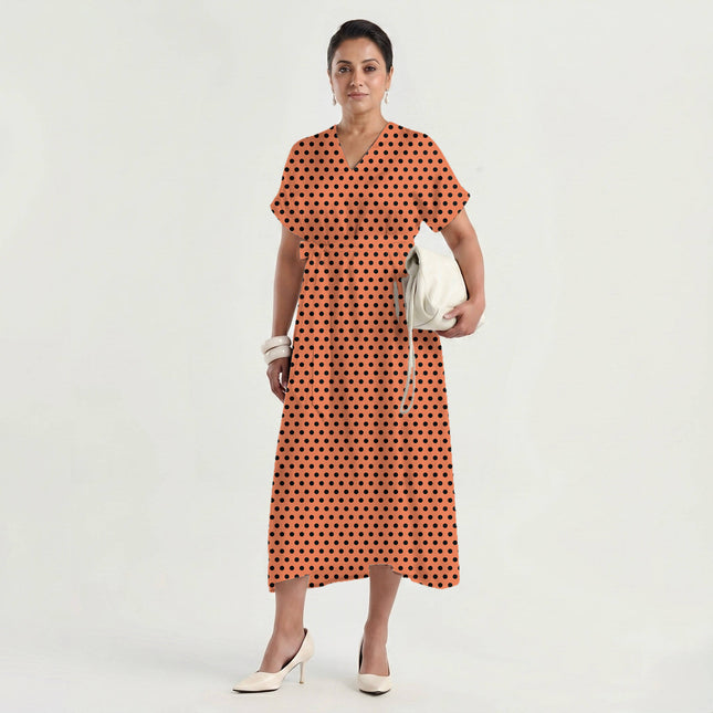 Muskmelon Orange Black Polka Dot Print Fabric made up as a dress, design 20453, Clothwala