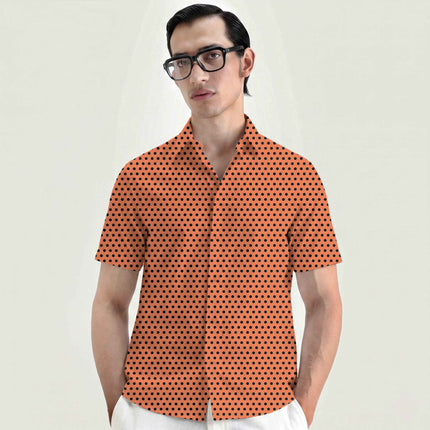 Muskmelon Orange Black Polka Dot Print Fabric for men's shirting, design 20453, Clothwala