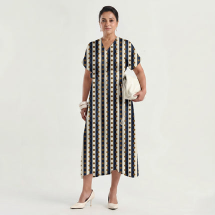 Navy & Bronze Dot Stripe Print Fabric made up as a dress, design 20526, Clothwala