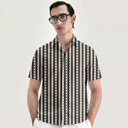 Navy & Bronze Dot Stripe Print Fabric for men's shirting, design 20526, Clothwala