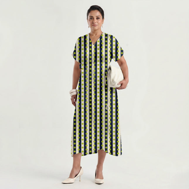 Navy & Lime Glow Dot Stripe Print Fabric made up as a dress, design 20534, Clothwala
