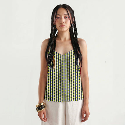 Navy & Lime Glow Dot Stripe Print Fabric for women's dresses, design 20534, Clothwala
