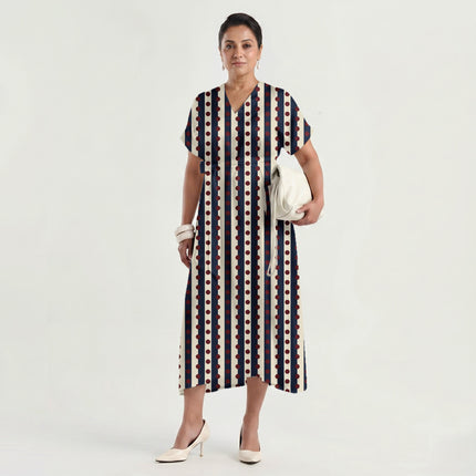 Navy & Oxblood Dot Stripe Print Fabric made up as a dress, design 20545, Clothwala