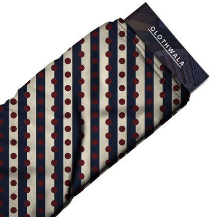 Navy & Oxblood Dot Stripe Print Fabric — 2026 polka dot trend fabric, design 20545, Clothwala