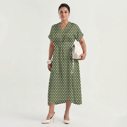 Olive Depth Polka Dot Print Fabric made up as a dress, design 20438, Clothwala