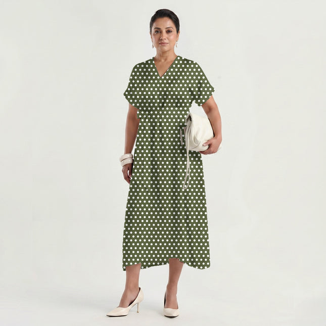 Olive Depth Polka Dot Print Fabric made up as a dress, design 20438, Clothwala