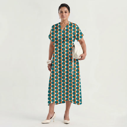 Orange & Teal Dot Stripe Print Fabric made up as a dress, design 20508, Clothwala