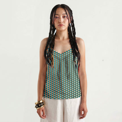 Orange & Teal Dot Stripe Print Fabric for women's dresses, design 20508, Clothwala