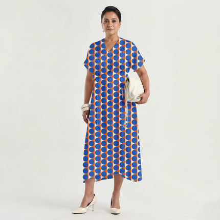 Orange & Blue Dot Stripe Print Fabric made up as a dress, design 20516, Clothwala
