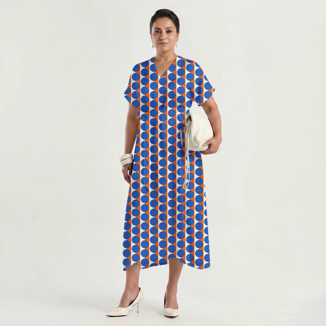 Orange & Blue Dot Stripe Print Fabric made up as a dress, design 20516, Clothwala