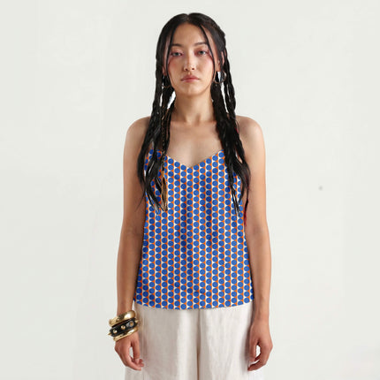 Orange & Blue Dot Stripe Print Fabric for women's dresses, design 20516, Clothwala