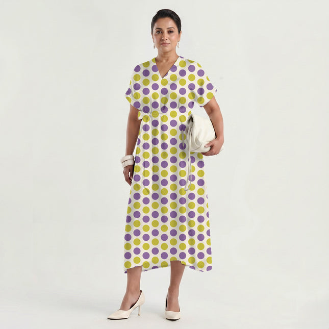 Amethyst Orchid & Acacia Yellow Polka Dot Print Fabric made up as a dress, design 20493, Clothwala