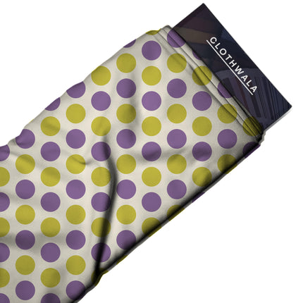 Amethyst Orchid & Acacia Yellow Polka Dot Print Fabric — 2026 polka dot trend fabric, design 20493, Clothwala