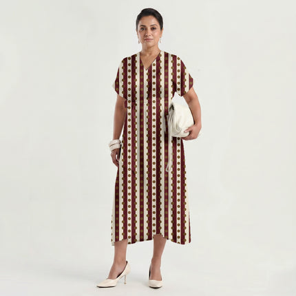 Oxblood & Bronze Dot Stripe Print Fabric made up as a dress, design 20541, Clothwala