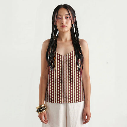 Oxblood & Bronze Dot Stripe Print Fabric for women's dresses, design 20541, Clothwala