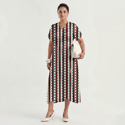 Oxblood & Teal Dot Stripe Print Fabric made up as a dress, design 20528, Clothwala