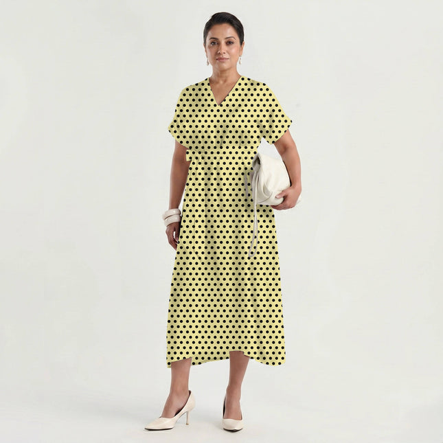 Pale Banana Black Polka Dot Print Fabric made up as a dress, design 20451, Clothwala