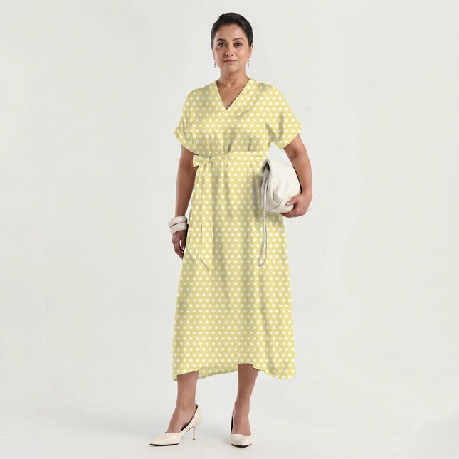 Pale Banana Polka Dot Print Fabric made up as a dress, design 20440, Clothwala