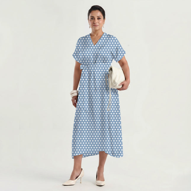 Pale Sky Polka Dot Print Fabric made up as a dress, design 20405, Clothwala