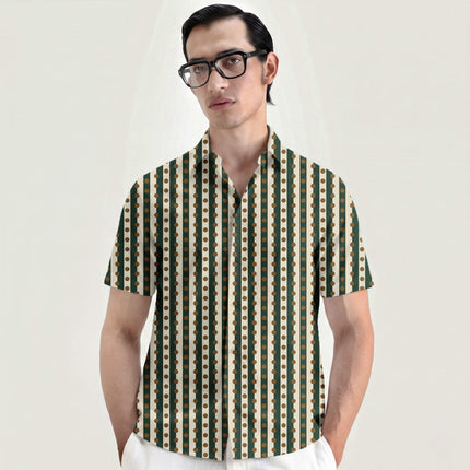 Pine Green & Bronze Dot Stripe Print Fabric for men's shirting, design 20542, Clothwala