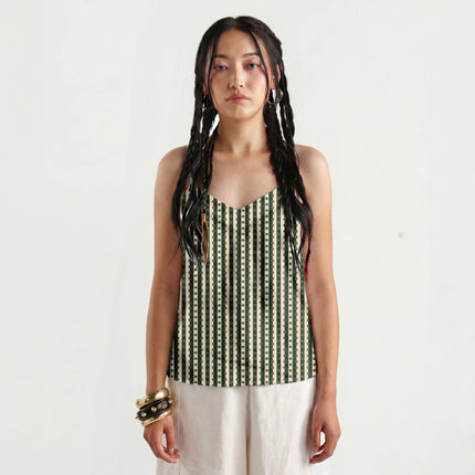 Pine Green & Bronze Dot Stripe Print Fabric for women's dresses, design 20542, Clothwala