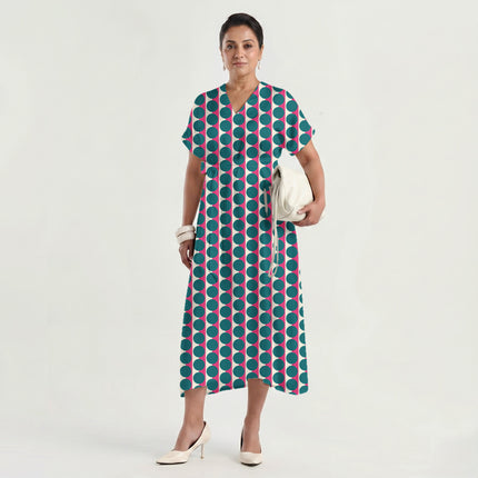 Pink & Teal Dot Stripe Print Fabric made up as a dress, design 20522, Clothwala