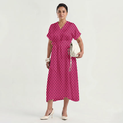 Pop Pink Black Polka Dot Print Fabric made up as a dress, design 20462, Clothwala