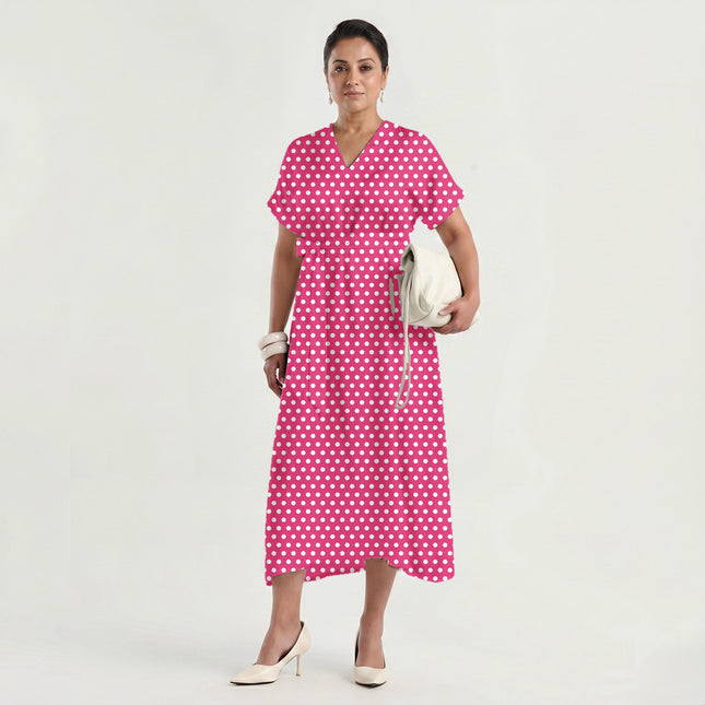 Pop Pink Polka Dot Print Fabric made up as a dress, design 20420, Clothwala