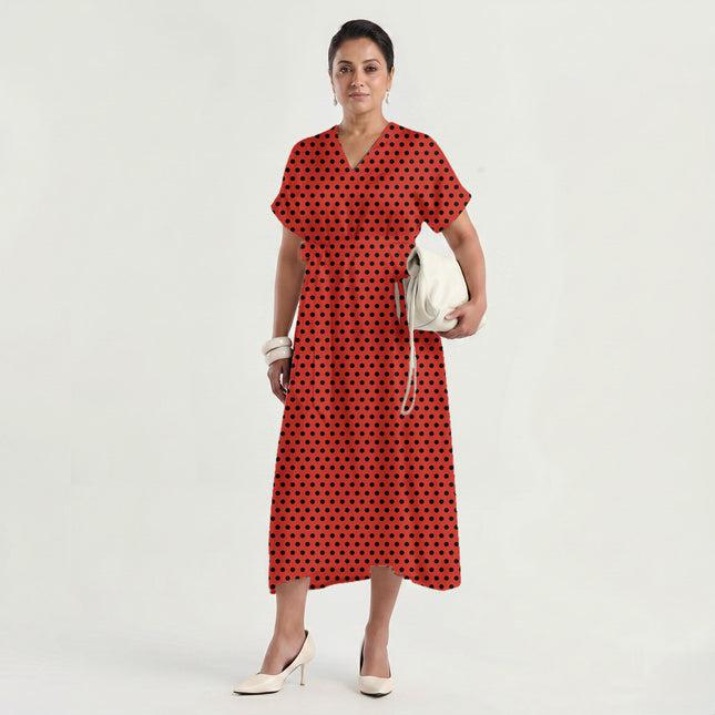 Poppy Red Black Polka Dot Print Fabric made up as a dress, design 20457, Clothwala
