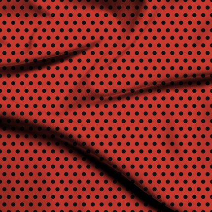 Poppy Red Black Polka Dot Print Fabric — flat fabric view, design 20457, Clothwala