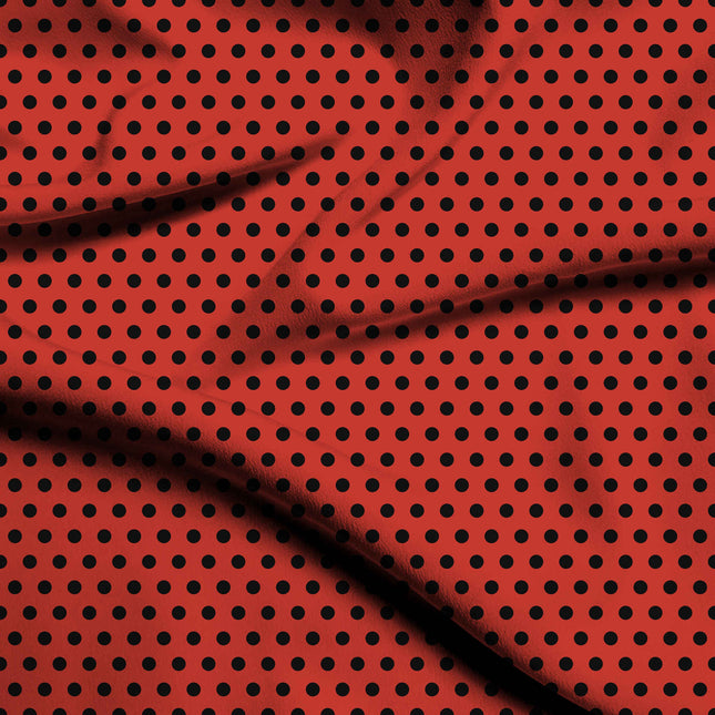 Poppy Red Black Polka Dot Print Fabric — flat fabric view, design 20457, Clothwala