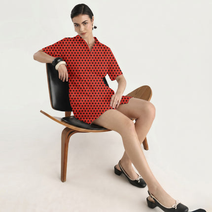 Poppy Red Black Polka Dot Print Fabric in 2026-27 trending womenswear, design 20457, Clothwala