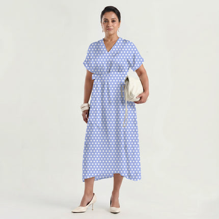 Powder Periwinkle Polka Dot Print Fabric made up as a dress, design 20407, Clothwala